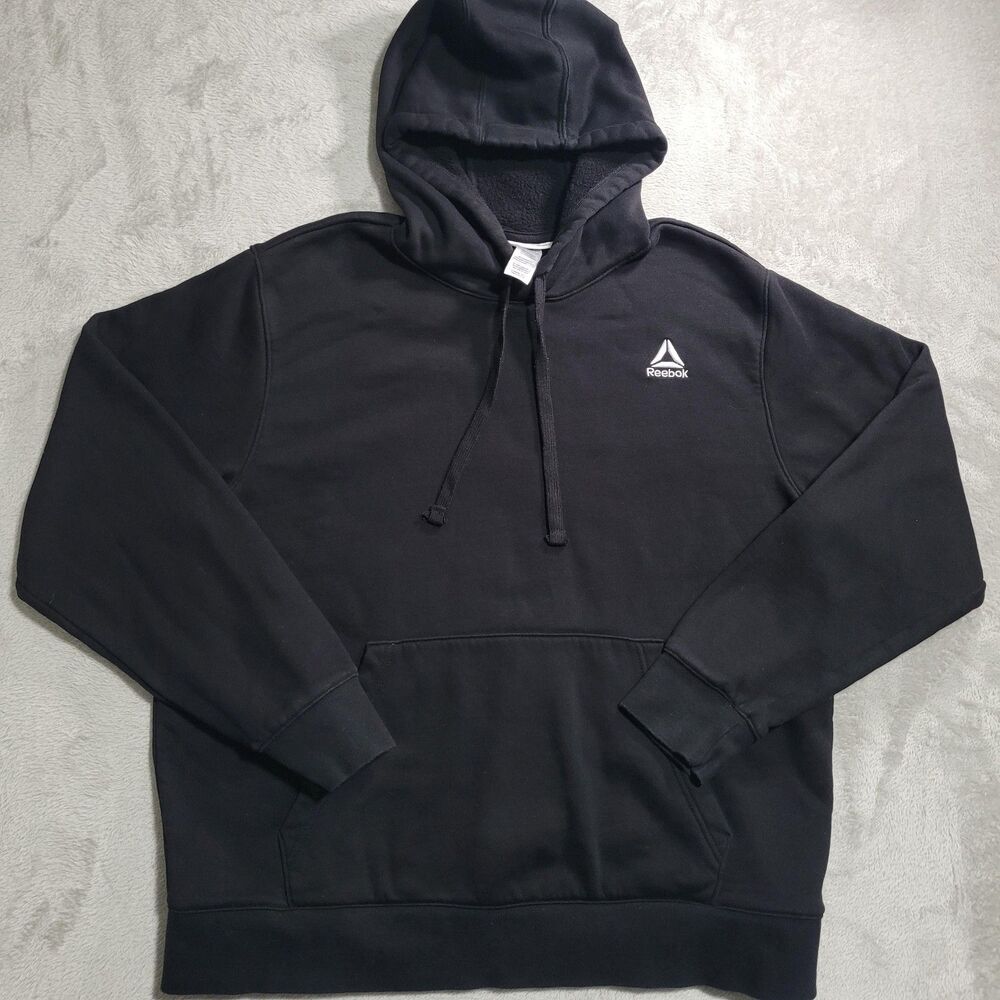 Reebok Hoodie Mens XL Black Fleece Pullover Embroidered Logo Athletic Sweatshirt